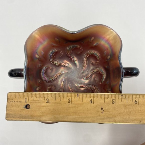 Antique Dugan Carnival Glass Amethyst Question Marks 2 Handles Bonbon Dish 1900c - Picture 12 of 16